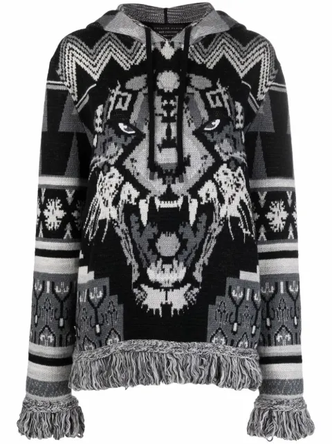 Philipp Plein tiger-motif fringe wool hoodie Black AAACWKB0077PKN002N