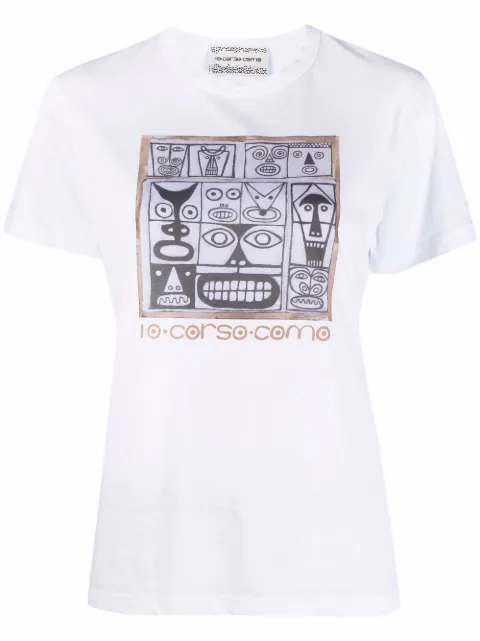 10 CORSO COMO Faces-print cotton T-shirt White CCTSFACEBOOK4