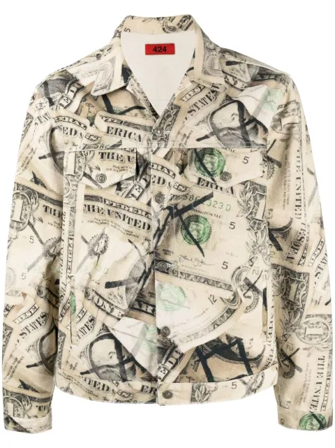 424 dollar bill print denim jacket Neutrals 30424HJ01S1216053