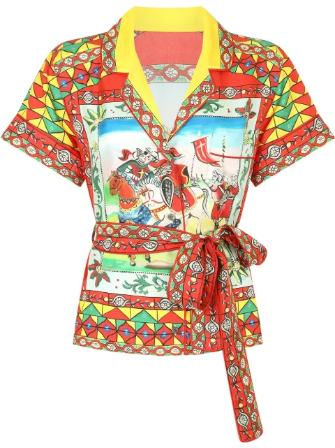 Dolce & Gabbana Carretto-print belted shirt Blue F5G67TGDS12