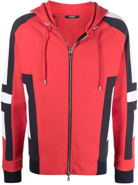 Balmain contrast-panel zip-up hoodie Red WH1JZ000B120