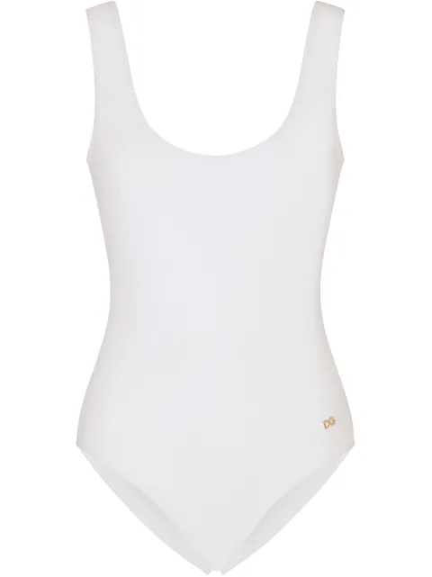 Dolce & Gabbana logo-tag scoop-back swimsuit White O9A46JFUGA2