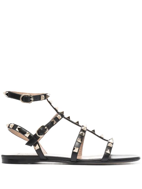 Valentino Garavani Rockstud flat calfskin sandal with straps Black WS0A05VOD