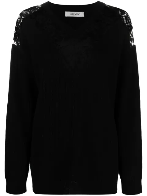 Valentino Garavani lace-embellished V-neck jumper Black BKCB82654