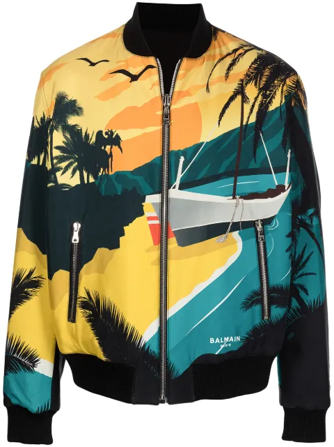 Balmain reversible tropical print bomber jacket Blue VH1TF001I650