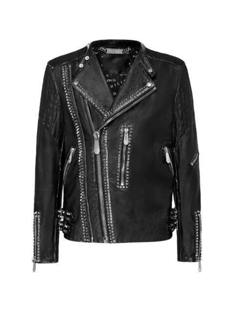 Philipp Plein leather biker jacket studs Black PAACMLB1202PLE046C