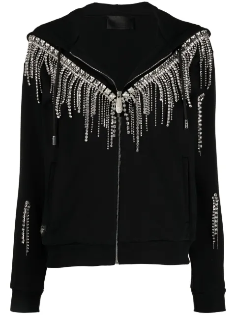 Philipp Plein Crystal-fringe hooded zip-up Black PAACWJB1395PJO002N