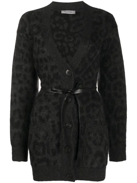 Valentino Garavani leopard pattern belted V-neck cardigan Grey BKA01L600