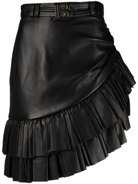 Balmain short asymmetric ruffled leather skirt Black VF14315L062