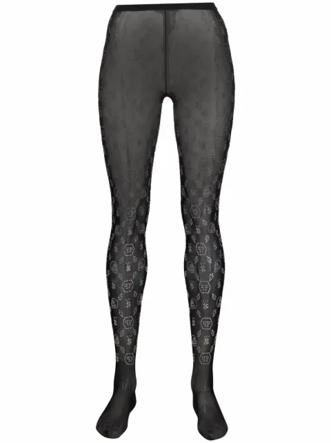 Philipp Plein embellished monogram-print tights Black A20CWUY0048PTE003N