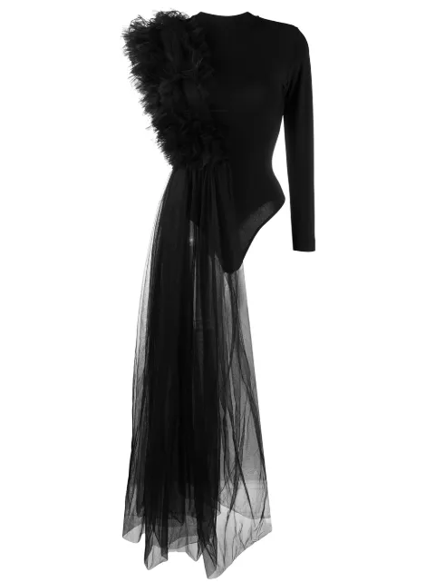 Alchemy x Lia Aram ruched tulle jersey bodysuit Black LIA179