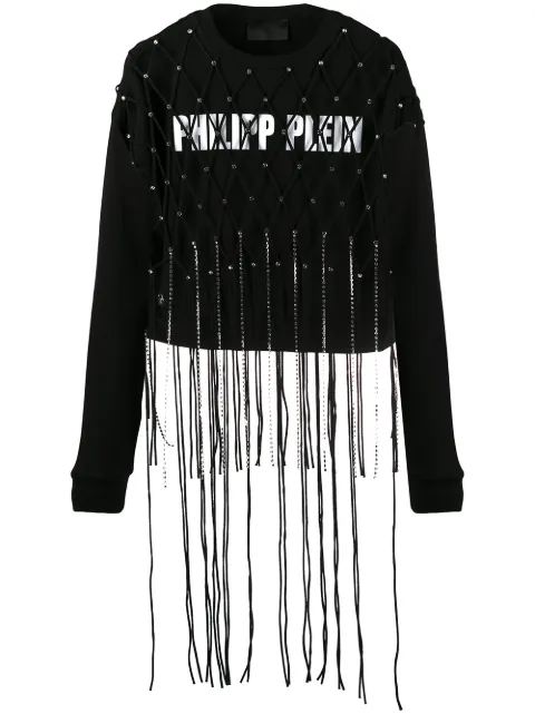 Philipp Plein crystal-net fringe crop top Black F20CWJO0647PJY002N