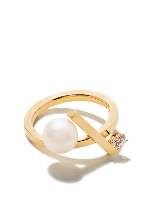 TASAKI 18kt yellow gold Collection Line Balance cross Akoya pearl and diamond ring Gold RPI4789Y