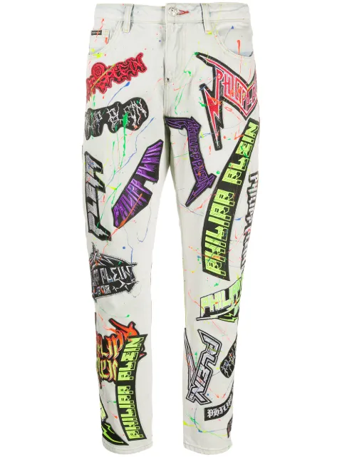 Philipp Plein logo-patch paint splatter jeans Blue S20CWDT1326PDE004N