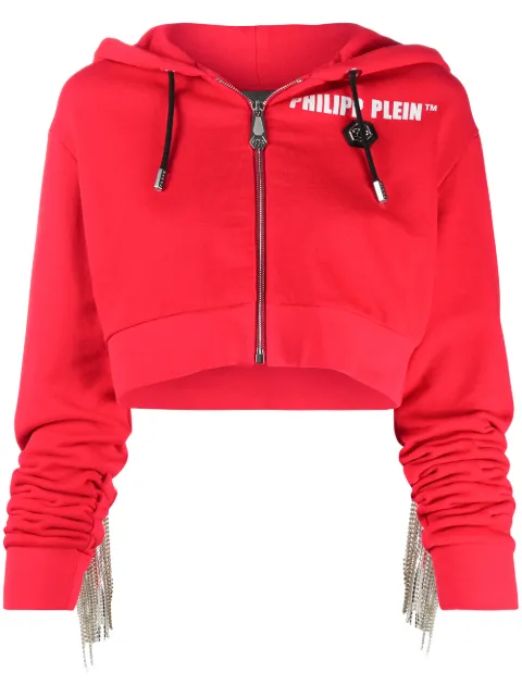 Philipp Plein crystal-fringe hoodie Red F20CWJB1319PJY002N