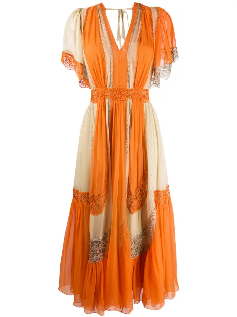 Alberta Ferretti colour block embroidered detail silk dress Orange A04411140116