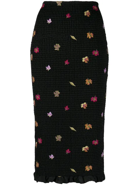 Off-White embroidered-leaves mid-length skirt Black OWCC104E20FAB0011001
