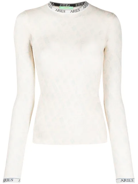 Aries monogram long-sleeved tulle top Neutrals SQAR41000
