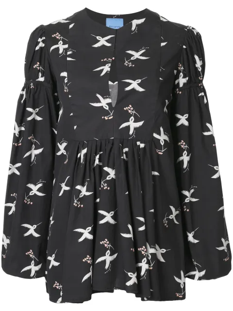 Macgraw bird print puff sleeve blouse Black AV021B