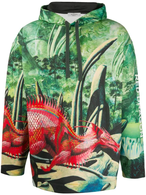 Valentino Garavani Red Dragon print hoodie Green VMF11V67N