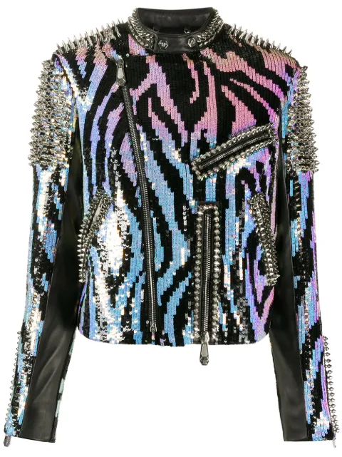 Philipp Plein zebra leather biker jacket Black P20CWLB0698PLE010N