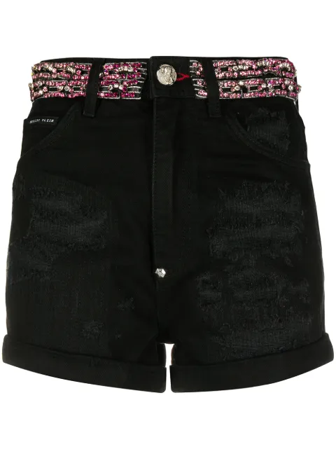 Philipp Plein crystal embellished denim shorts Black P20CWDT1346PDE004N