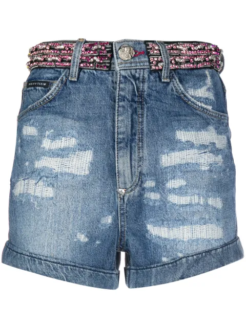 Philipp Plein rhinestone-embellished denim shorts Blue P20CWDT1346PDE004N