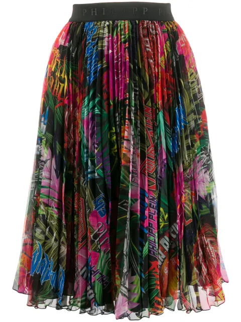 Philipp Plein jungle rock print pleated skirt Black S20CWRV0245PTE003N