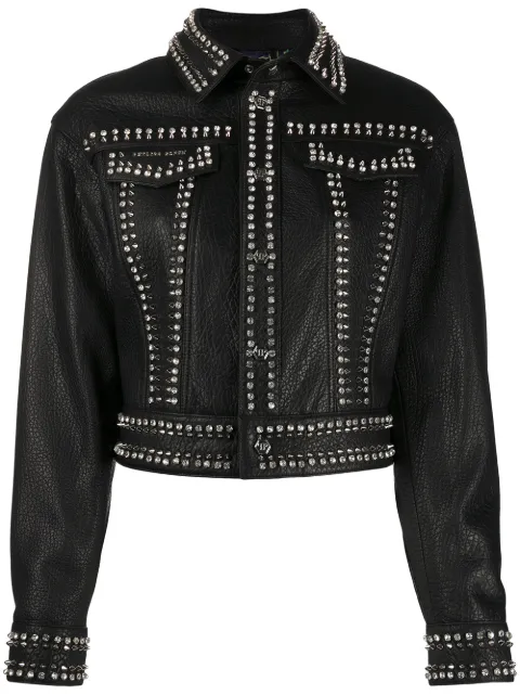 Philipp Plein leather skull biker jacket Black S20CWLB0661PLE010N