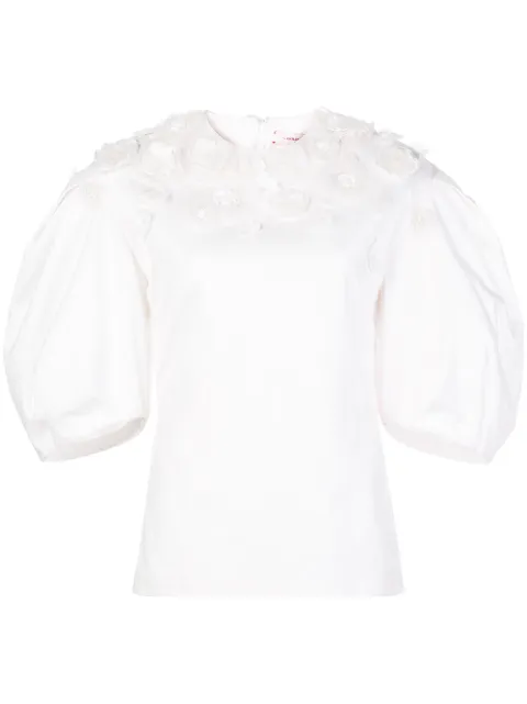 Carolina Herrera floral appliqués puff sleeve blouse White S2011E235CTC