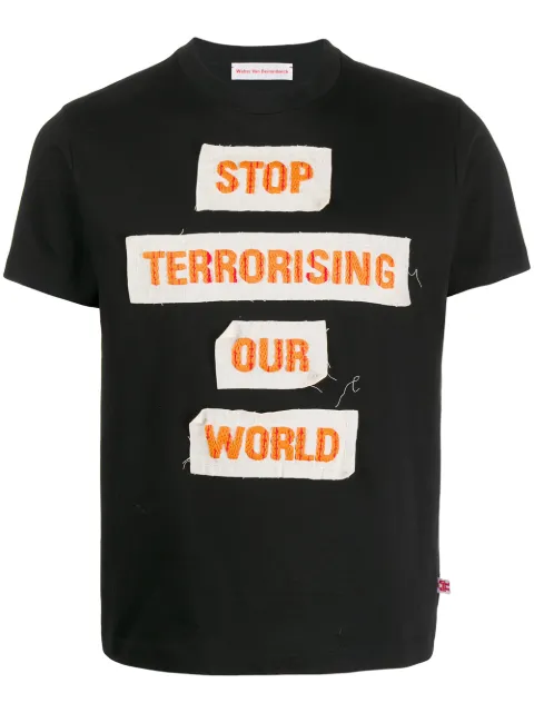 Walter Van Beirendonck Pre-Owned 2015 Stop Terrorising Our World patch T-shirt Black WLT237