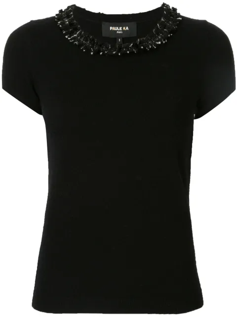 Paule Ka fringed neck knitted top Black 418PU78