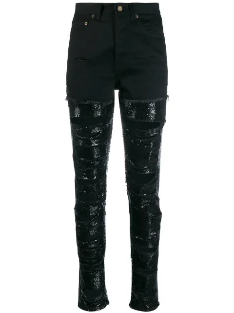 Saint Laurent sequin-embellished ripped skinny jeans Black 578079YF869