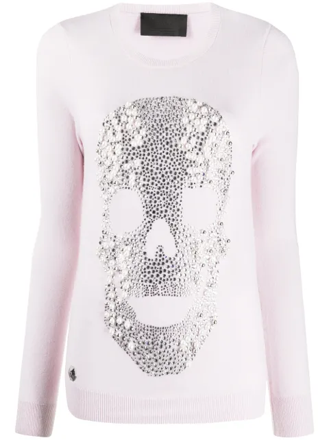 Philipp Plein crystal and pearl skull jumper Pink S20CWKO0188PKN002N