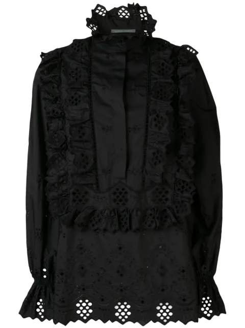 Alberta Ferretti embroidered ruffled front bib blouse Black 02220131