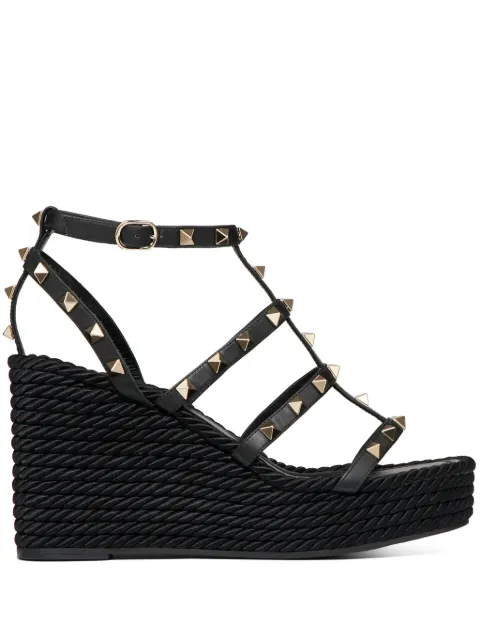 Valentino Garavani Rockstud ankle strap wedge sandal in calfskin leather 95 mm Black WS0F95BAE