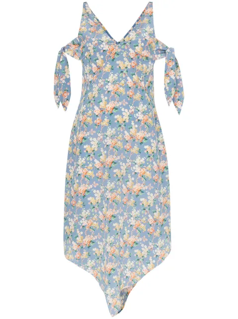 Delada Floral print cold-shoulder silk midi dress Blue DWM5DR3JOSEPHINEBLUE