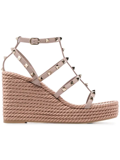 Valentino Garavani Rockstud ankle strap wedge sandal in calfskin leather 95 mm Pink WS0F95BAE