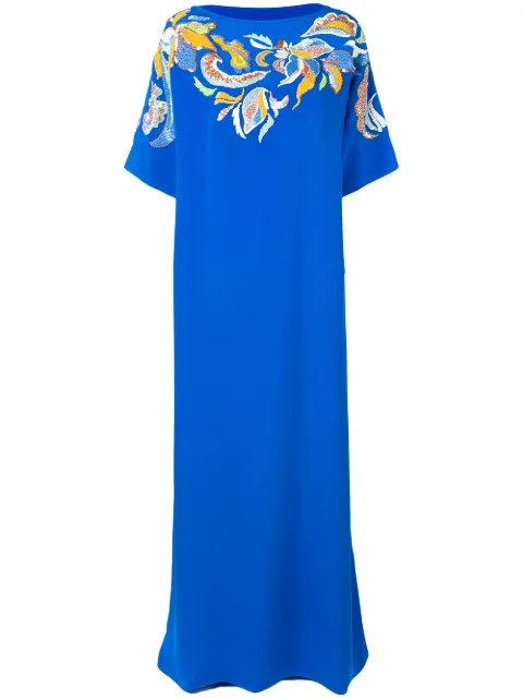 PUCCI Floral Embroidered Silk Kaftan Dress Blue 9ERL569E657