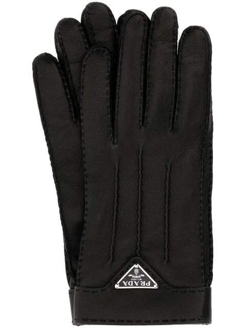 Prada enamel-logo leather gloves Black 2GG003038
