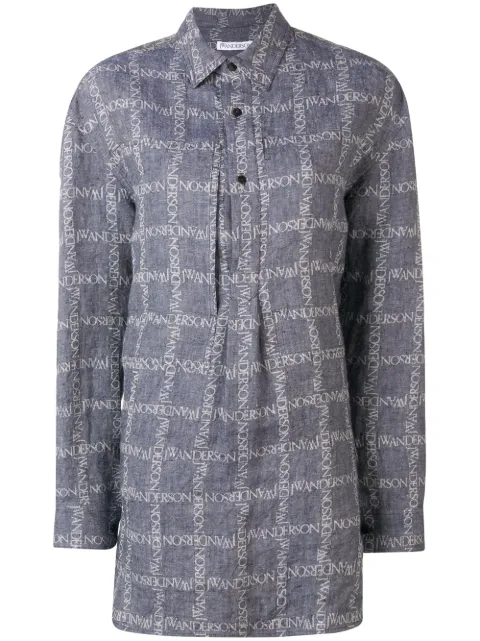 JW Anderson Women's Navy Logo Grid Tunic Linen Shirt Blue SH02519A187888