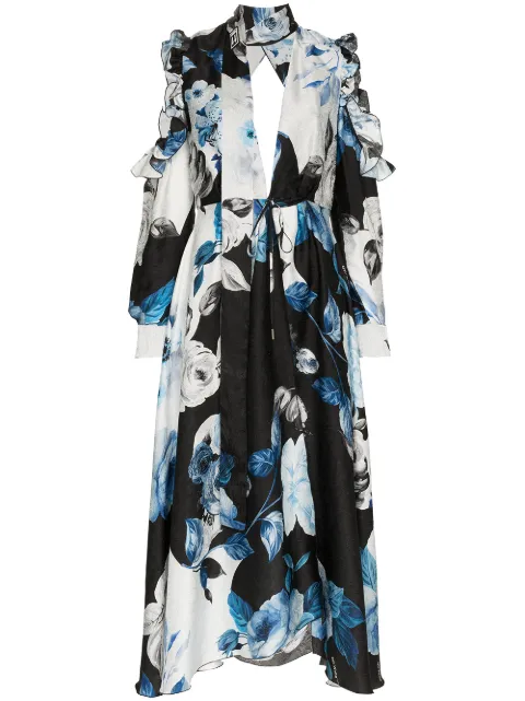 Off-White floral flared silk midi dress Blue OWDB096F189510541099