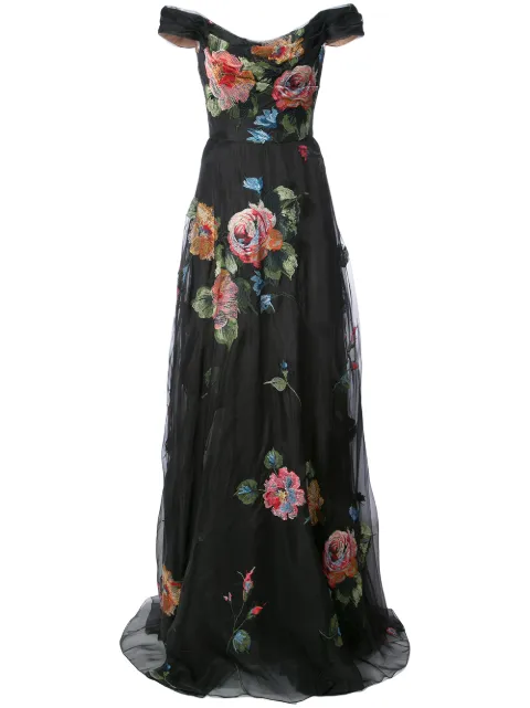 Marchesa Notte floral-embroidered off-the-shoulder gown Black N19G0535