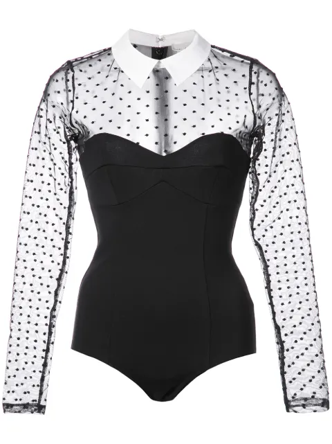 Fleur Du Mal Dotted Tulle collared bodysuit Black BS00330100