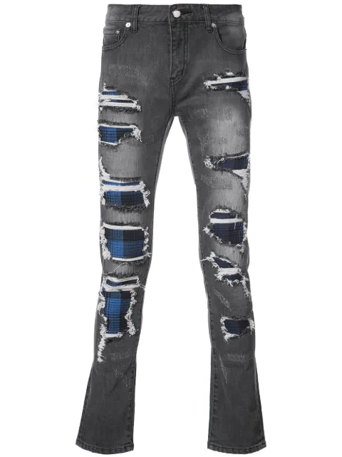 God's Masterful Children Strati plaid panel distressed jeans Grey GMC08AGJ14