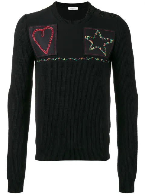 Valentino Garavani patched fisherman knit sweater Blue VKC21J4H3
